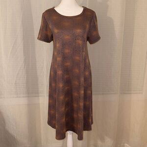 LuLaRoe S Carly Burnt Orange Indigo Blue Knit Crewneck Short Sleeve Hi Low Dress